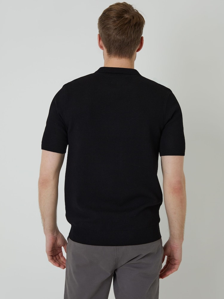 Threadbare Black Quarter Zip Textured Trim Knitted Polo Shirt - Image 2 of 4