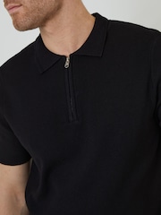 Threadbare Black Quarter Zip Textured Trim Knitted Polo Shirt - Image 4 of 4