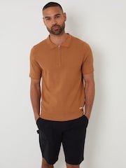Threadbare Brown Quarter Zip Textured Trim Knitted Polo Shirt - Image 1 of 4