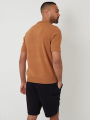 Threadbare Brown Quarter Zip Textured Trim Knitted Polo Shirt - Image 2 of 4