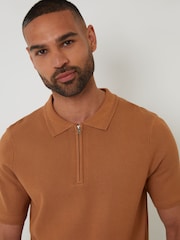 Threadbare Brown Quarter Zip Textured Trim Knitted Polo Shirt - Image 4 of 4