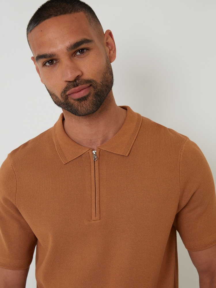 Threadbare Brown Quarter Zip Textured Trim Knitted Polo Shirt - Image 4 of 4