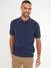 Threadbare Dark Blue Cotton Mix Short Sleeve Textured Knitted Polo Shirt - Image 1 of 4