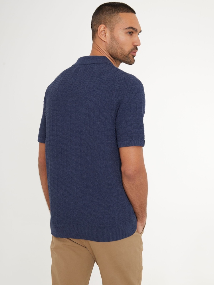 Threadbare Dark Blue Cotton Mix Short Sleeve Textured Knitted Polo Shirt - Image 2 of 4