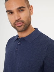 Threadbare Dark Blue Cotton Mix Short Sleeve Textured Knitted Polo Shirt - Image 4 of 4
