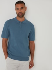 Threadbare Blue Quarter Zip Textured Trim Knitted Polo Shirt - Image 1 of 4
