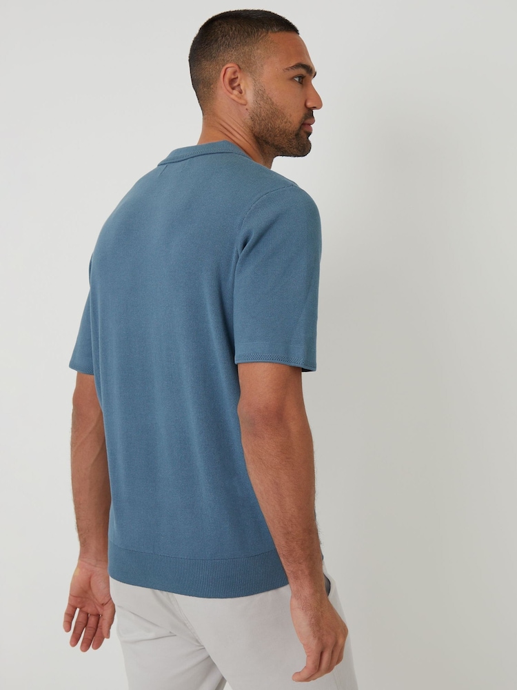 Threadbare Blue Quarter Zip Textured Trim Knitted Polo Shirt - Image 2 of 4