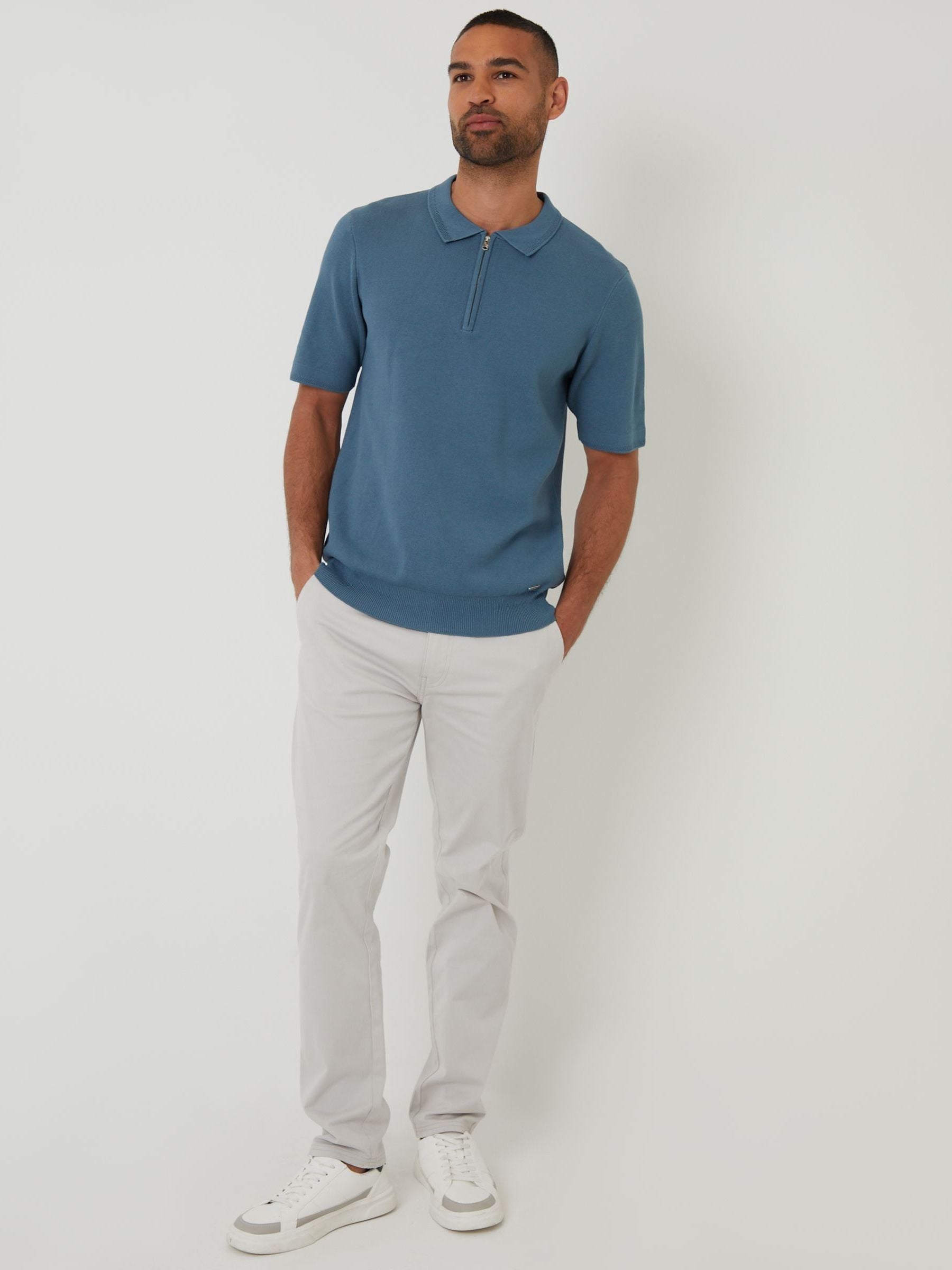 Buy Threadbare Blue Quarter Zip Textured Trim Knitted Polo Shirt
