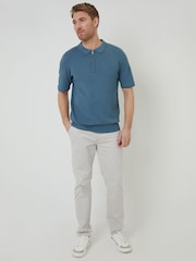 Threadbare Blue Quarter Zip Textured Trim Knitted Polo Shirt - Image 3 of 4