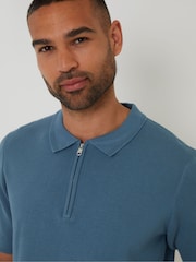 Threadbare Blue Quarter Zip Textured Trim Knitted Polo Shirt - Image 4 of 4