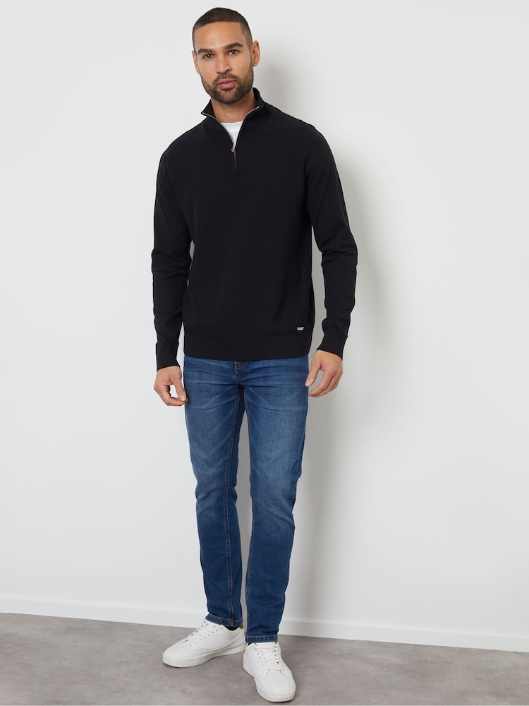Threadbare Black Basket Stitch Mock T-Shirt Quarter Zip Jumper - Image 4 of 5