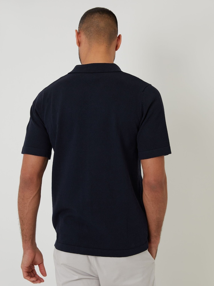 Threadbare Blue Textured Panel Revere Collar Knitted Shirt - Image 2 of 4