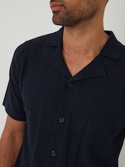 Threadbare Blue Textured Panel Revere Collar Knitted Shirt - Image 4 of 4