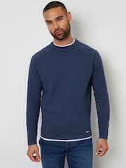 Threadbare Denim Blue Textured Raglan Mock T-Shirt Crew Neck Jumper - Image 1 of 4