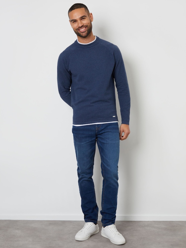 Threadbare Denim Blue Textured Raglan Mock T-Shirt Crew Neck Jumper - Image 3 of 4