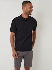 Threadbare Black Textured Front Quarter Zip Knitted Polo Shirt - Image 1 of 4