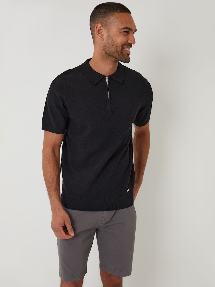 Threadbare Black Textured Front Quarter Zip Knitted Polo Shirt - Image 1 of 4