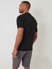 Threadbare Black Textured Front Quarter Zip Knitted Polo Shirt - Image 2 of 4
