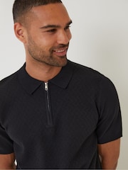 Threadbare Black Textured Front Quarter Zip Knitted Polo Shirt - Image 4 of 4