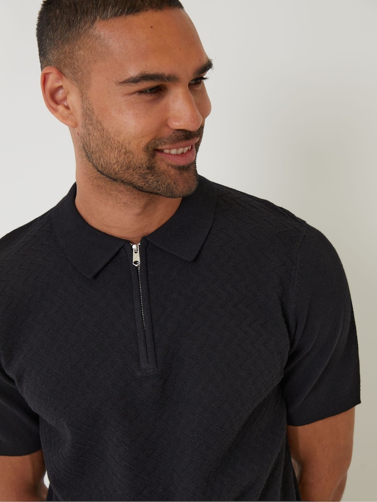 Threadbare Black Textured Front Quarter Zip Knitted Polo Shirt - Image 4 of 4