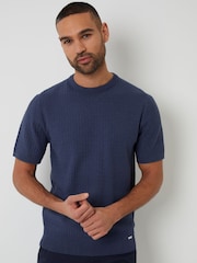 Threadbare 'Denim Blue Textured Front Knitted T-Shirt - Image 1 of 4
