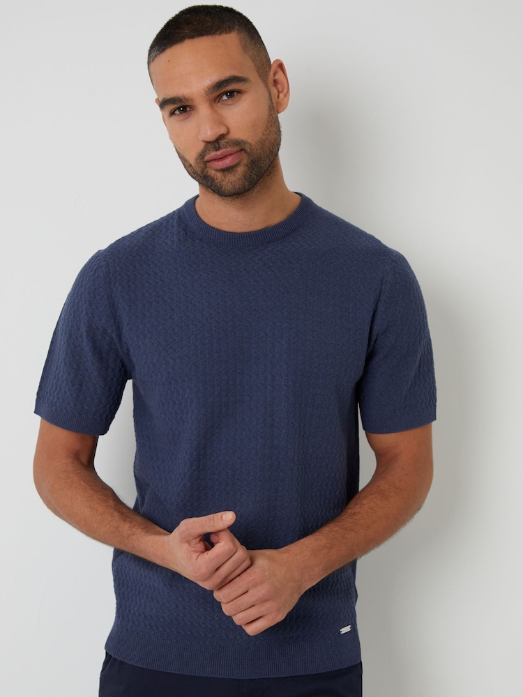 Threadbare 'Denim Blue Textured Front Knitted T-Shirt - Image 1 of 4