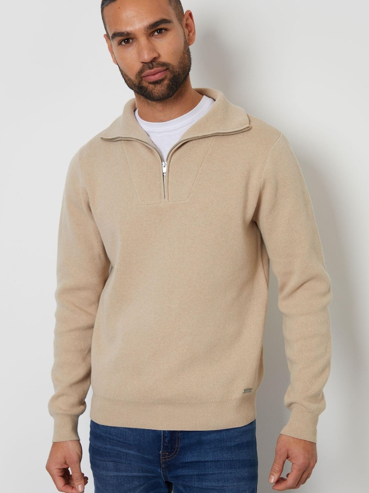 Threadbare Neutral Rib Panel Quarter Zip Jumper - Image 1 of 4