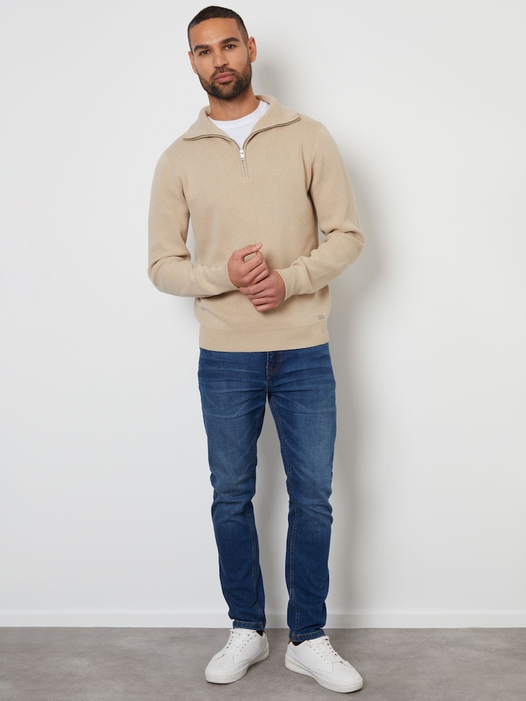 Threadbare Neutral Rib Panel Quarter Zip Jumper - Image 2 of 4