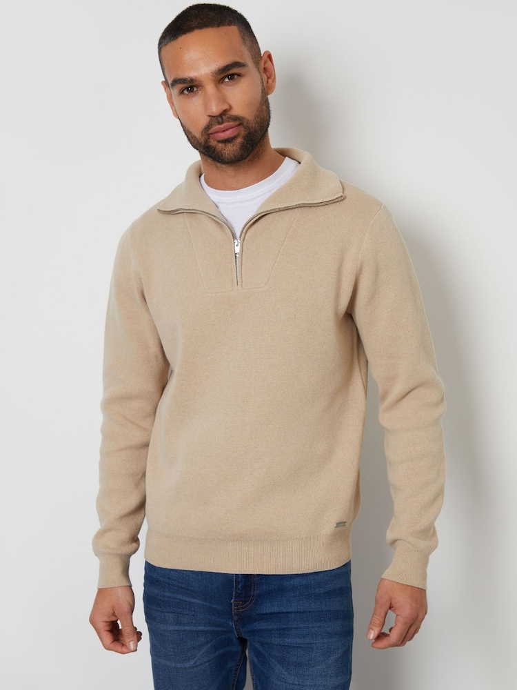 Threadbare Neutral Rib Panel Quarter Zip Jumper - Image 3 of 4