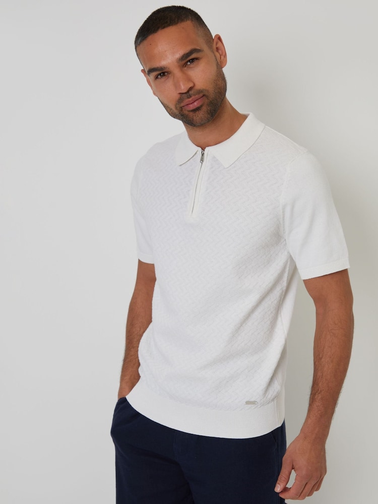 Threadbare Cream Textured Front Quarter Zip Knitted Polo Shirt - Image 1 of 4