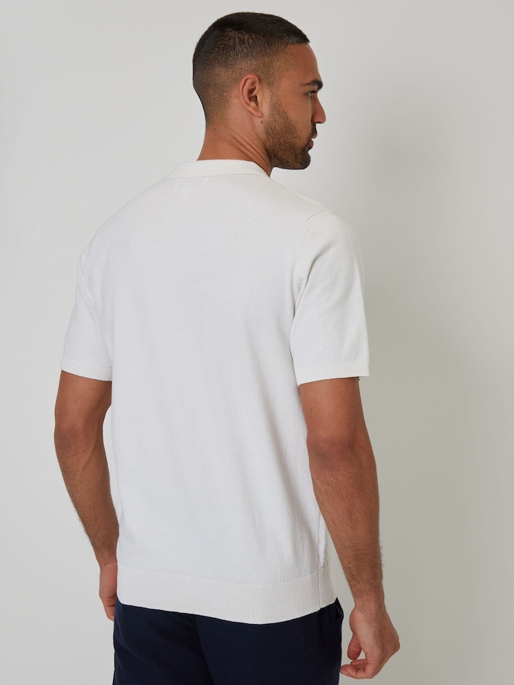 Threadbare Cream Textured Front Quarter Zip Knitted Polo Shirt - Image 2 of 4
