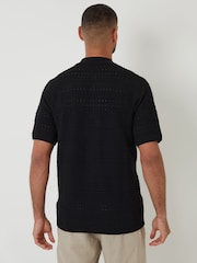 Threadbare Black Textured Knitted Button Through Polo Shirt - Image 2 of 4