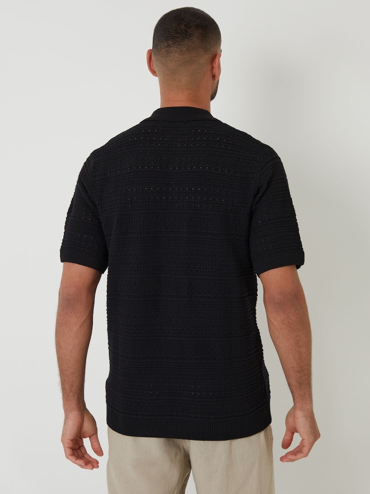 Threadbare Black Textured Knitted Button Through Polo Shirt - Image 2 of 4