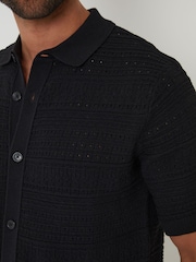 Threadbare Black Textured Knitted Button Through Polo Shirt - Image 4 of 4