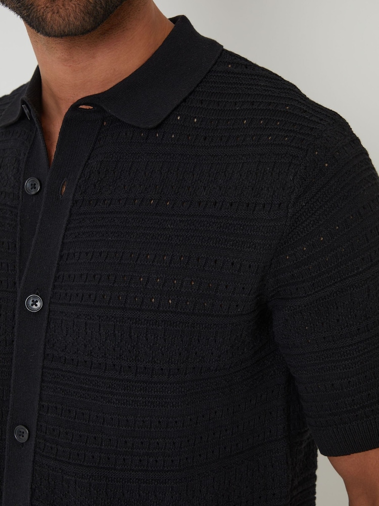 Threadbare Black Textured Knitted Button Through Polo Shirt - Image 4 of 4