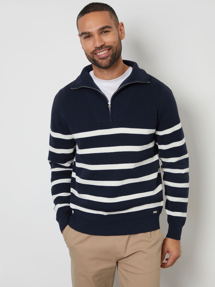 Threadbare Blue Striped Knitted Quarter Zip Jumper - Image 1 of 4