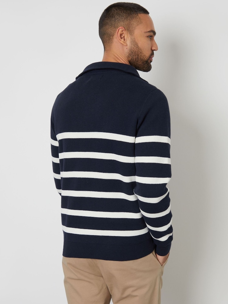 Threadbare Blue Striped Knitted Quarter Zip Jumper - Image 2 of 4