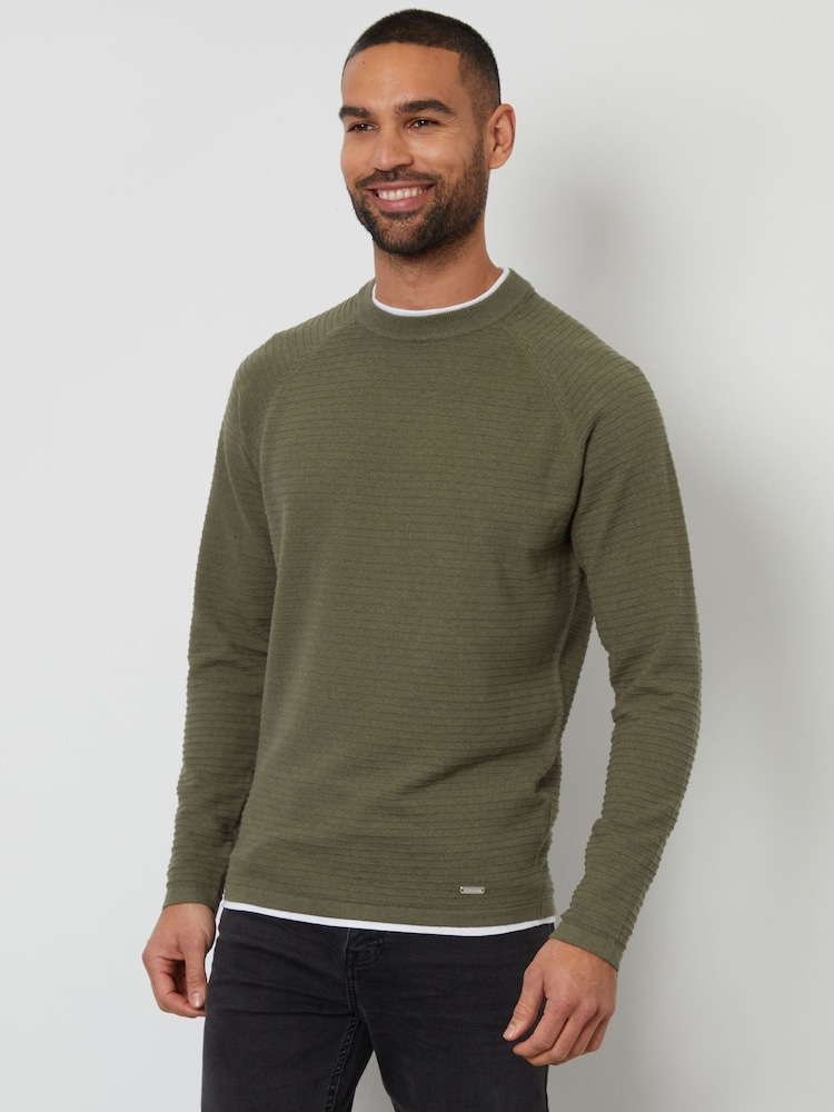 Threadbare Olive Textured Raglan Mock T-Shirt Crew Neck Jumper - Image 1 of 4