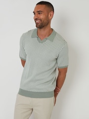 Threadbare Green Jacquard Geo Trophy Neck Knitted Polo Shirt - Image 1 of 4