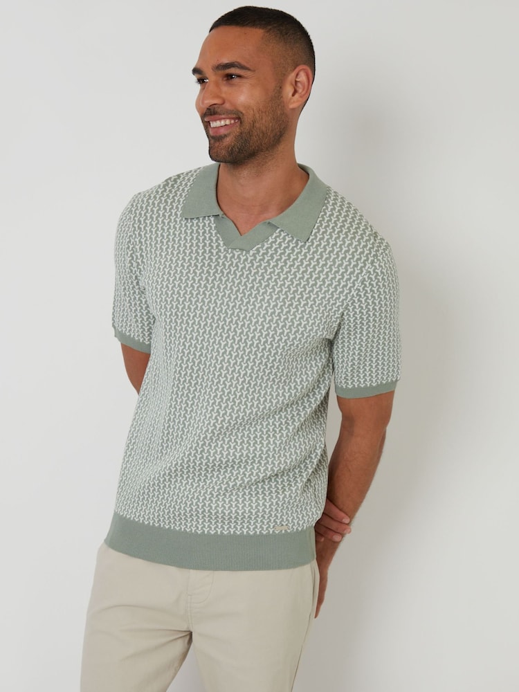 Threadbare Green Jacquard Geo Trophy Neck Knitted Polo Shirt - Image 1 of 4
