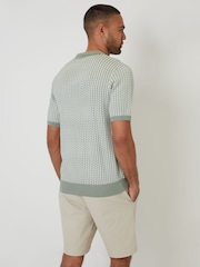 Threadbare Green Jacquard Geo Trophy Neck Knitted Polo Shirt - Image 2 of 4