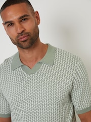 Threadbare Green Jacquard Geo Trophy Neck Knitted Polo Shirt - Image 4 of 4