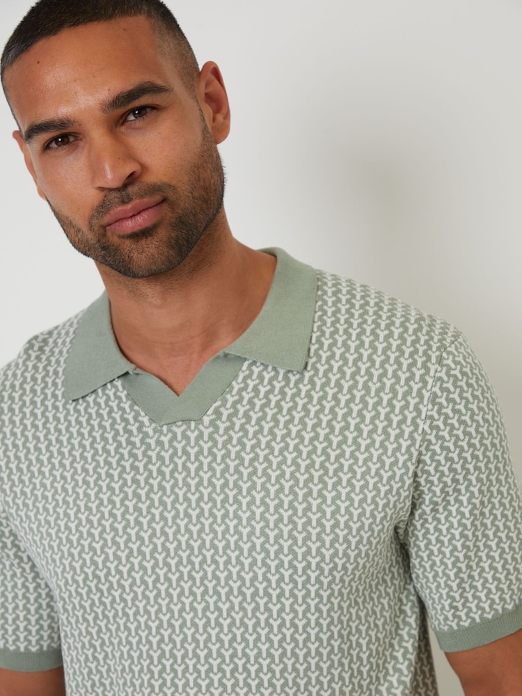 Threadbare Green Jacquard Geo Trophy Neck Knitted Polo Shirt - Image 4 of 4