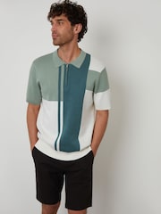 Threadbare Green Colourblock Quarter Zip Knitted Polo Shirt - Image 1 of 4