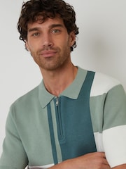 Threadbare Green Colourblock Quarter Zip Knitted Polo Shirt - Image 4 of 4