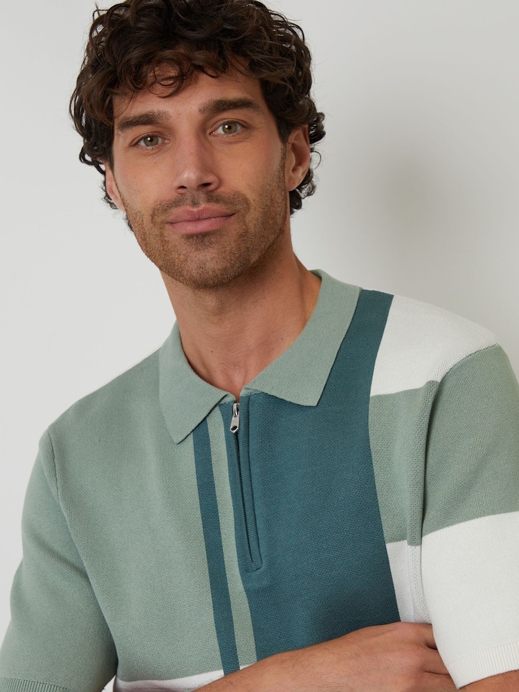 Threadbare Green Colourblock Quarter Zip Knitted Polo Shirt - Image 4 of 4