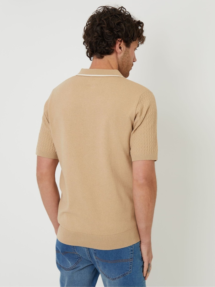 Threadbare Brown Textured Front Tipping Collar Knitted Polo Shirt - Image 2 of 4 Threadbare Brown Textured Front Tipping Collar Knitted Polo Shirt - Image 2 of 4