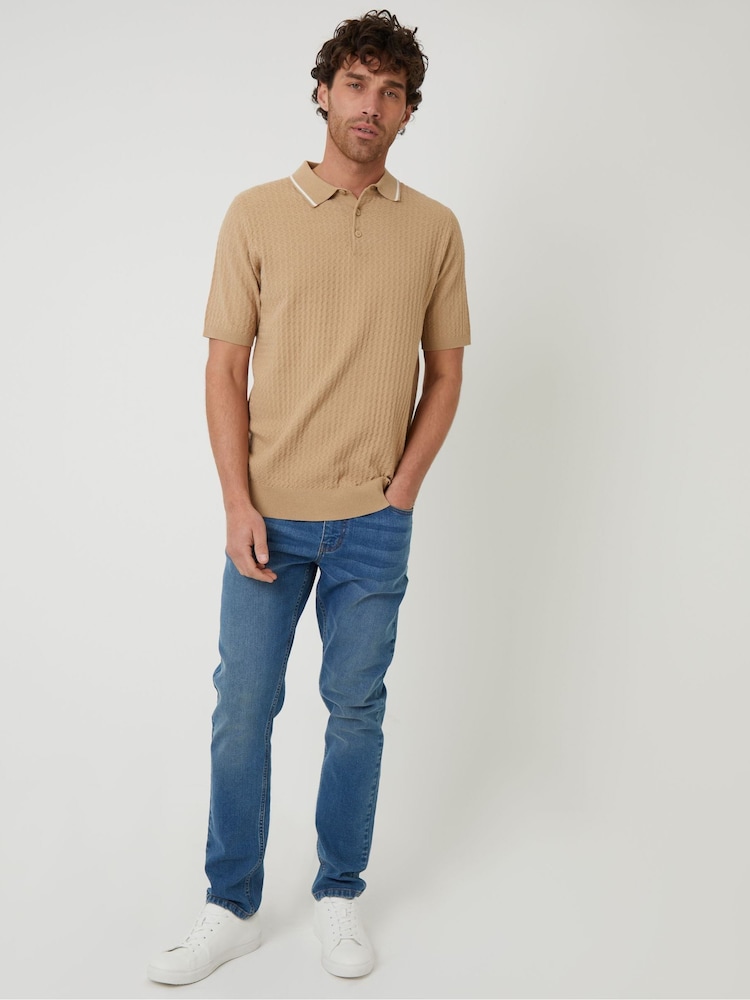 Threadbare Brown Textured Front Tipping Collar Knitted Polo Shirt - Image 3 of 4