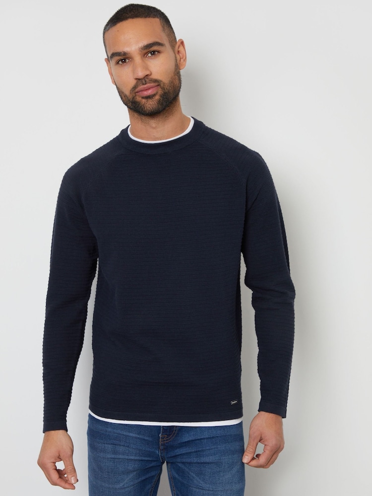 Threadbare Navy Textured Raglan Mock T-Shirt Crew Neck Jumper - Image 1 of 4