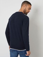Threadbare Navy Textured Raglan Mock T-Shirt Crew Neck Jumper - Image 2 of 4